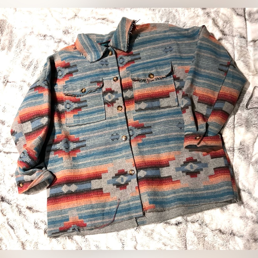 Southwestern Pattern Button-Up Jacket in Teal and Rust 2XL